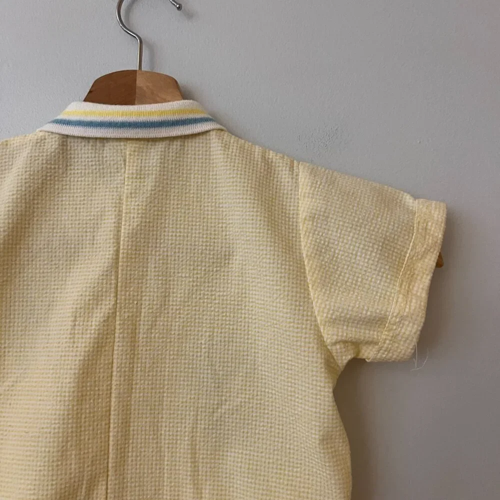 Vintage Yellow Seersucker Puppy Kitten Romper Size 6-9 Months